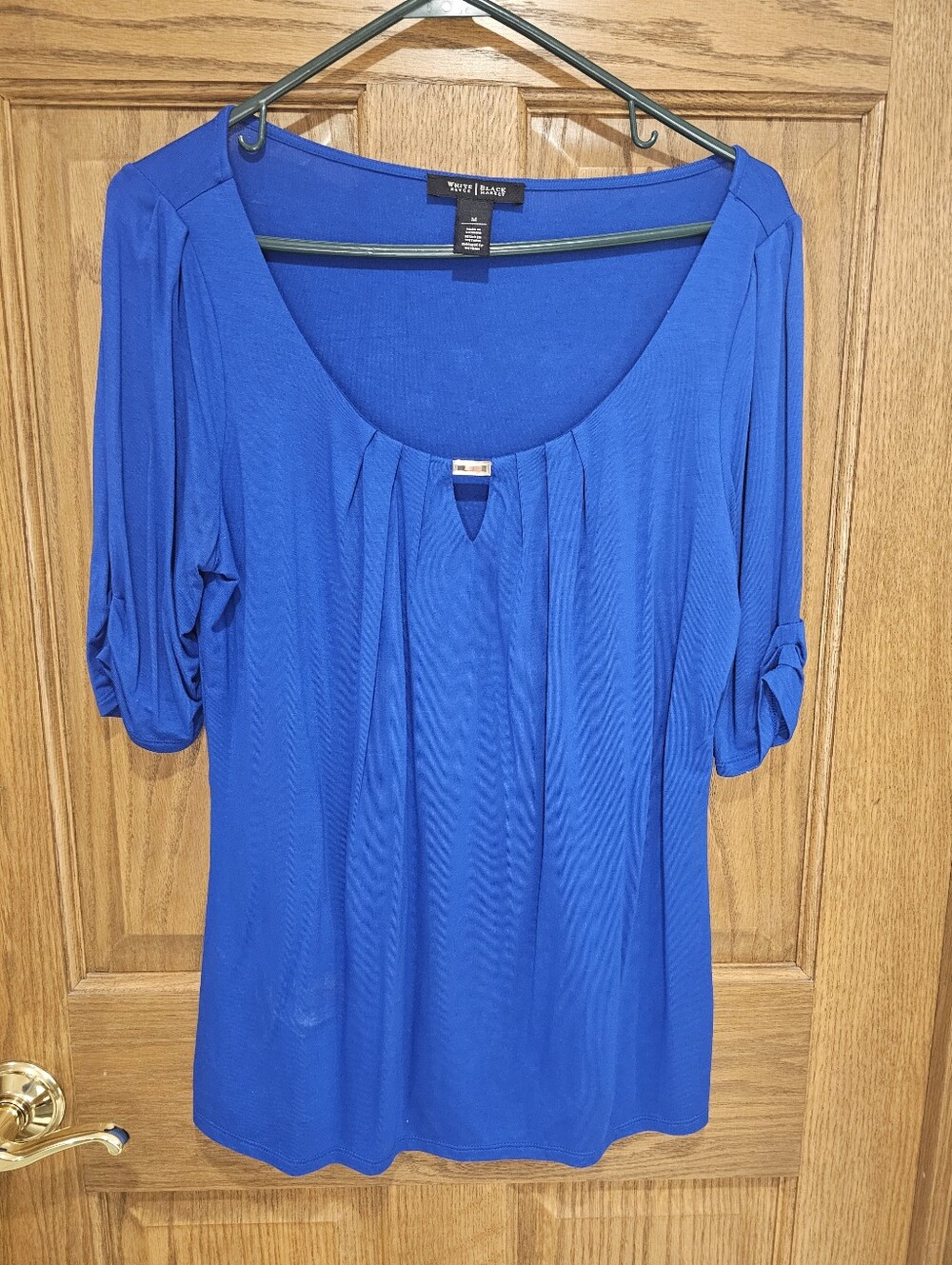White House Black Market Royal Blue Pleated Scoop Neck Short Sleeve Top
